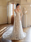 Elegant A-line Sweetheart Strapless Champagne Maxi Long Handmade Lace Wedding Dresses,WD818