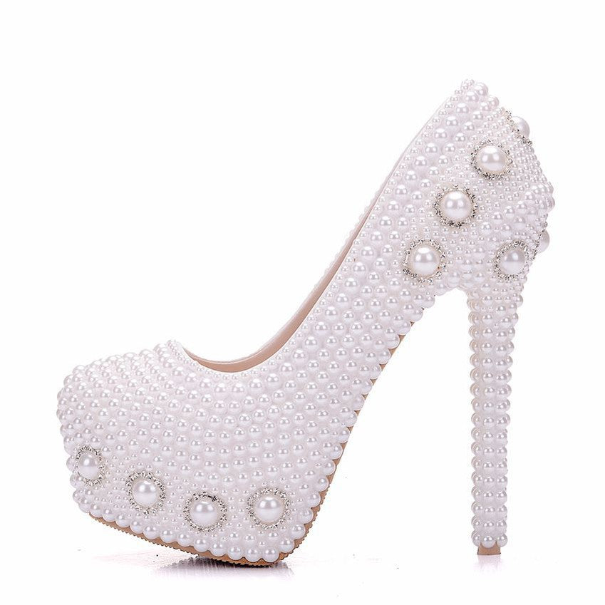 White pearl high heels wedding shoes rhinestone pearl shoes stiletto platform shoes