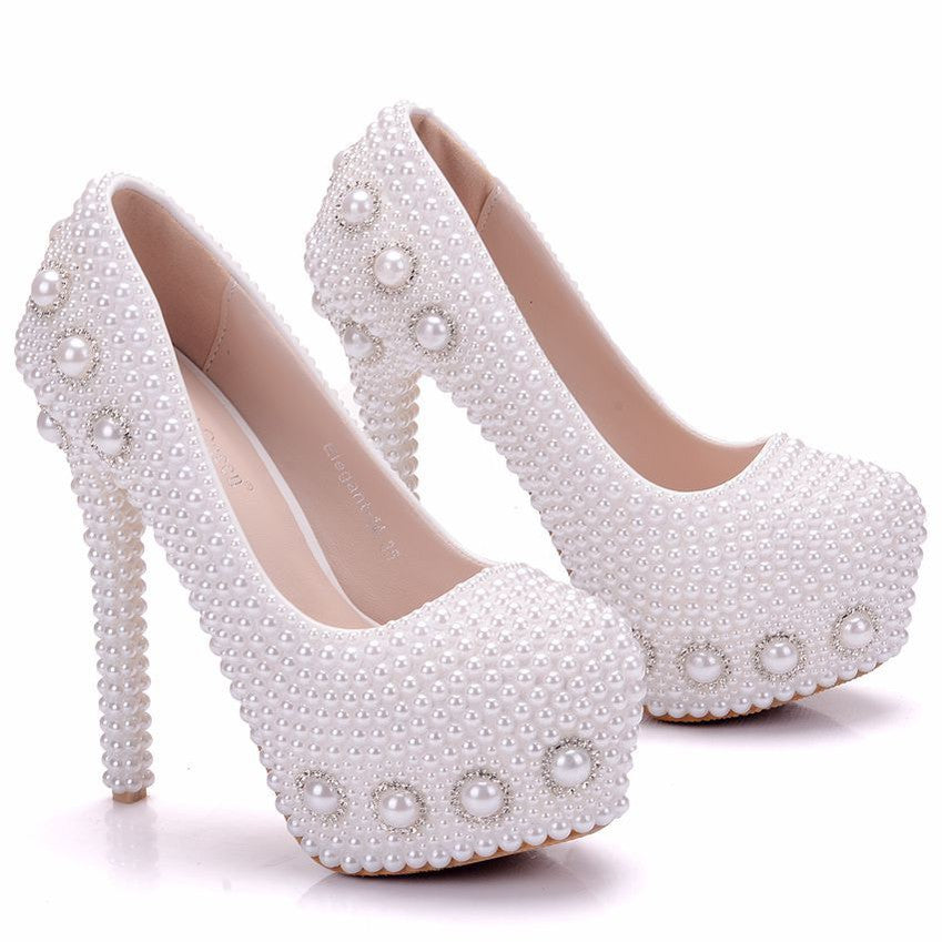 White pearl high heels wedding shoes rhinestone pearl shoes stiletto platform shoes