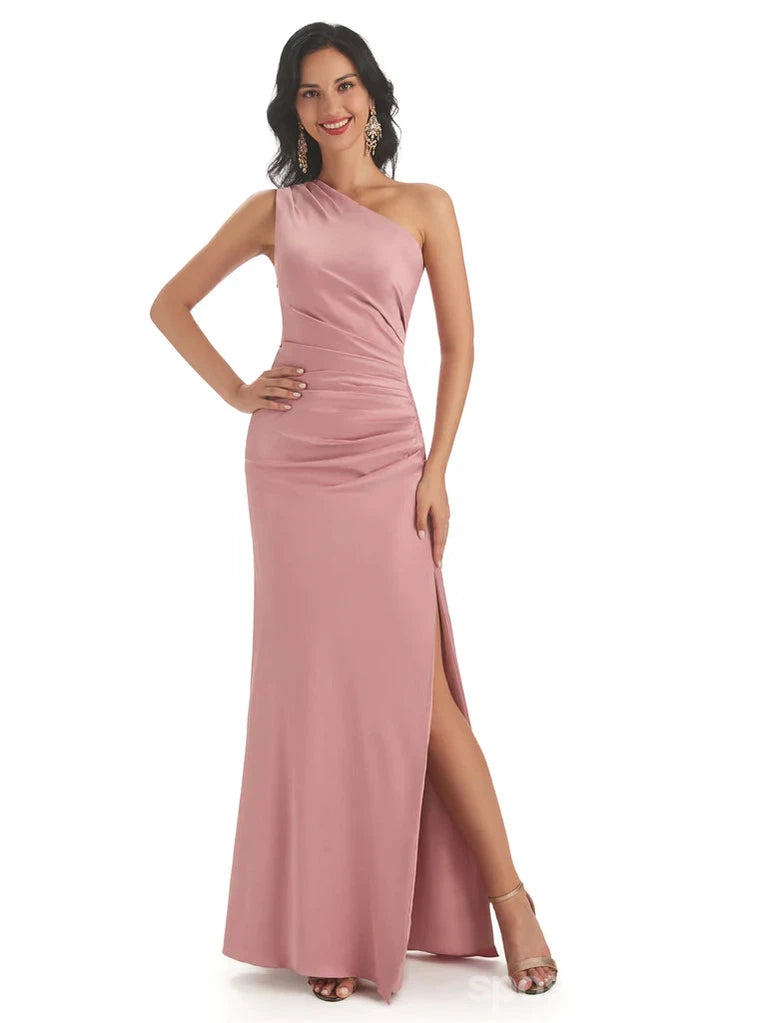 Sexy Pink Mermaid One Shoulder Cheap Long Bridesmaid Dresses Online,WG1243