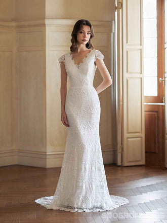 Sexy Mermaid V-neck Open Back Handmade Lace Wedding Dresses,WD807