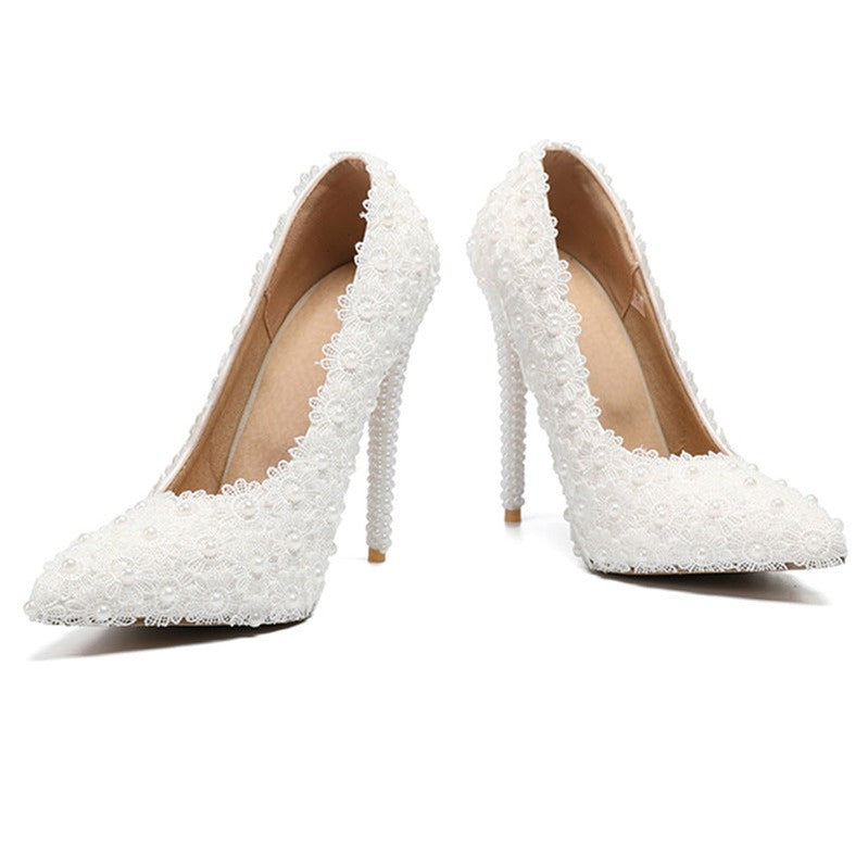 New Women's High Heels Single Shoes Wedding Shoes Stiletto Shoes White Lace Pearl Wedding Shoes