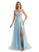 Blue A-line Spaghetti Straps V-neck High Slit Cheap Long Prom Dresses,12863