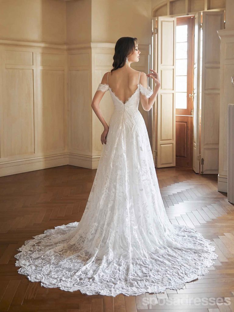 Sexy A-line Cold Shoulder Side Slit Handmade Lace Wedding Dresses,WD808