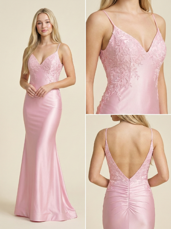 Ethereal Blush Satin Slip Prom Dress Floral Lace Appliqué V-Neck Gown, 26009