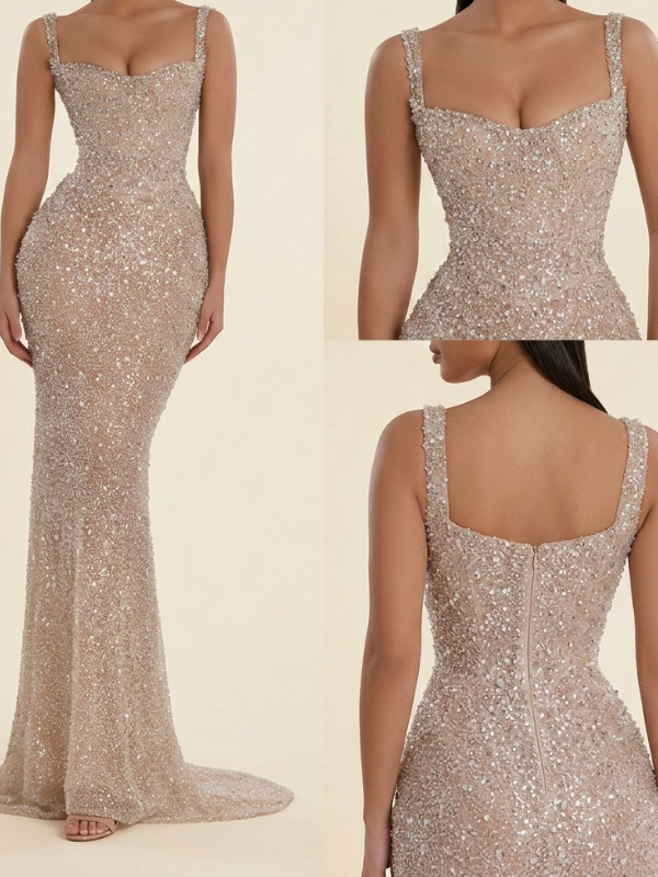 Champagne Gold Sequin Prom Dress | Sparkly Beaded Mermaid Gown SposaDresses Champagne Gold Sequin Prom Dress | Sparkly Beaded Mermaid Gown SposaDresses