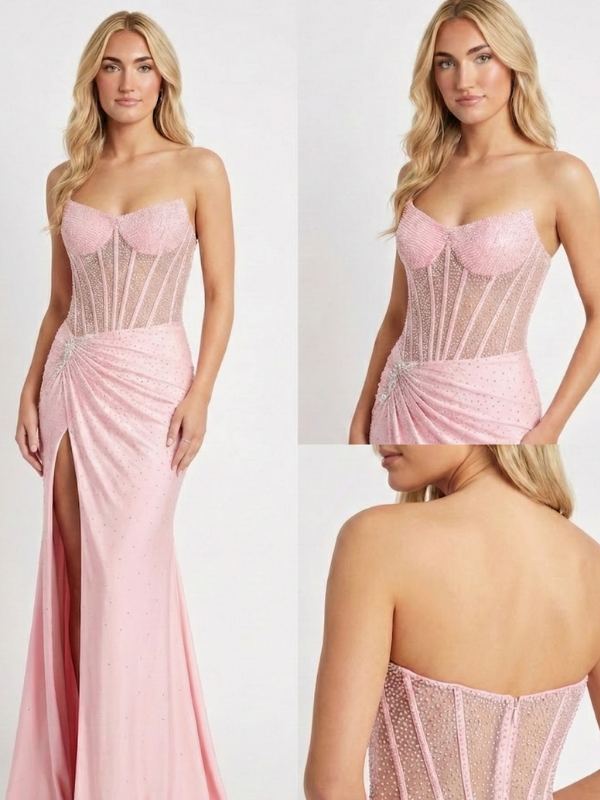 Sparkling Illusion Corset Prom Dress — Rhinestone Beaded Bodice Slit Gown, 26008