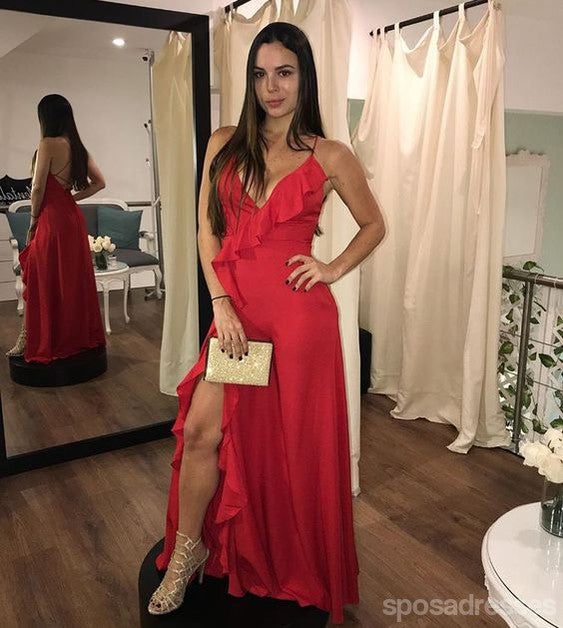Sexy Red Sheath Side Slit Spaghetti Straps Maxi Long Party Prom Dresses, Evening Dress,13321