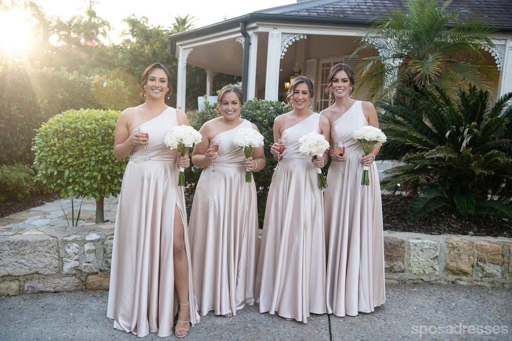 Simple One Shoulder A-line Side Slit Maxi Long Wedding Guest Bridesmaid Dresses,WG1731