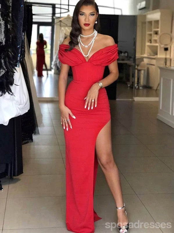 Sexy Red Sheath Side Slit Off Shoulder Maxi Long Party Prom Dresses, Evening Dress,13319