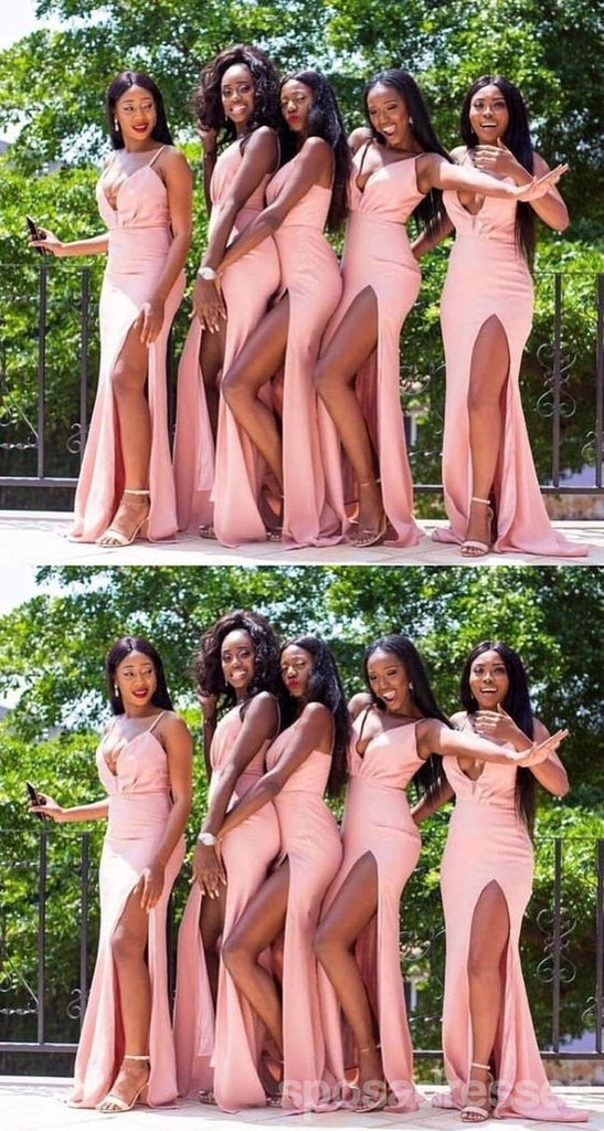 Sexy Pink Mermaid Side Slit Spaghetti Straps V-neck Maxi Long Bridesmaid Dresses,WG1754