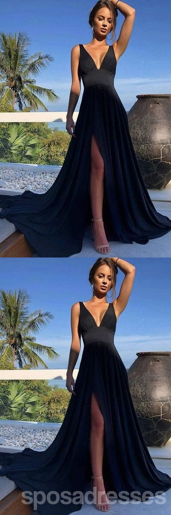 Sexy Black A-line Side Slit V-neck Maxi Long Party Prom Dresses, Evening Dress,13318