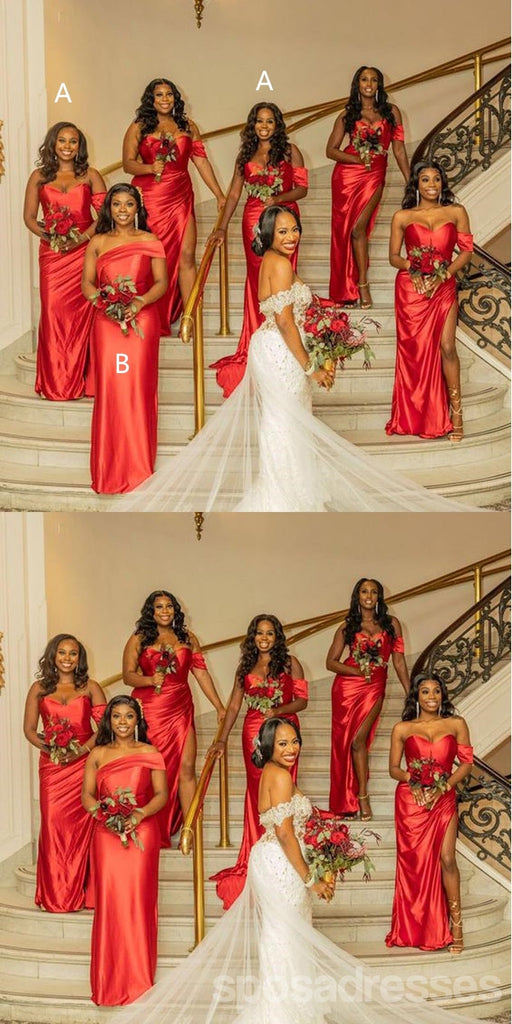 Mismatched Red Mermaid Side Slit Cheap Maxi Long Bridesmaid Dresses Online,WG1698