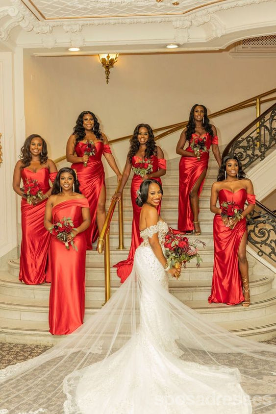 Mismatched Red Mermaid Side Slit Cheap Maxi Long Bridesmaid Dresses On SposaDresses Mismatched Red Mermaid Side Slit Cheap Maxi Long Bridesmaid Dresses On SposaDresses