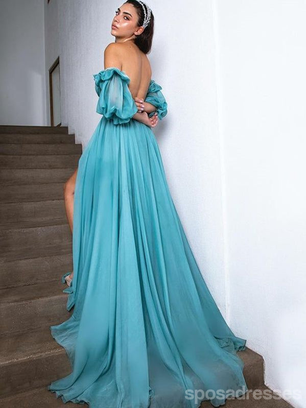 Sexy Blue A-line Off Shoulder High Slit Maxi Long Party Prom Dresses,13295