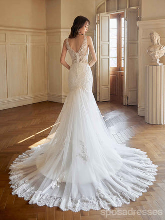 Sexy Mermaid V-neck Maxi Long Handmade Lace Wedding Dresses For Bride,WD816