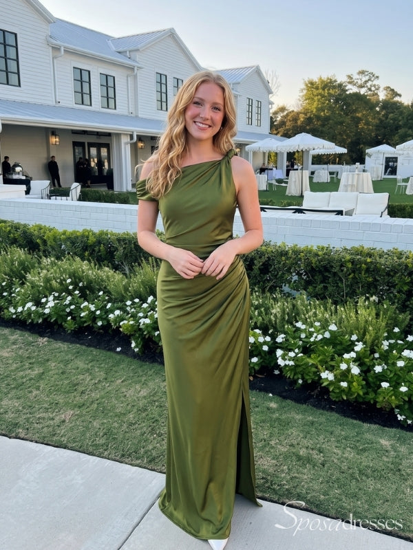 Olive Green Asymmetrical Ruched Bridesmaid Dress with Slit BD26003