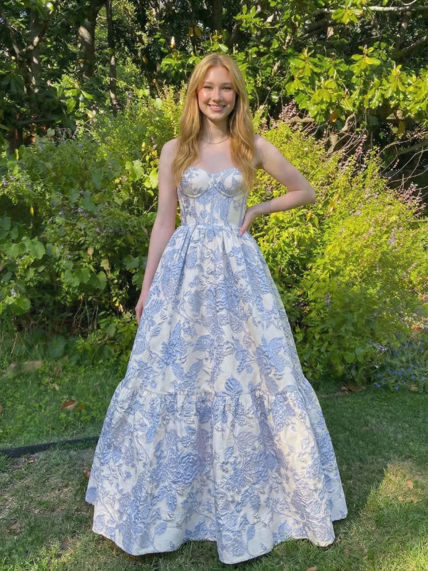 Floral Jacquard Strapless Sweetheart Sheer Corset A Line Prom Dress, 26020