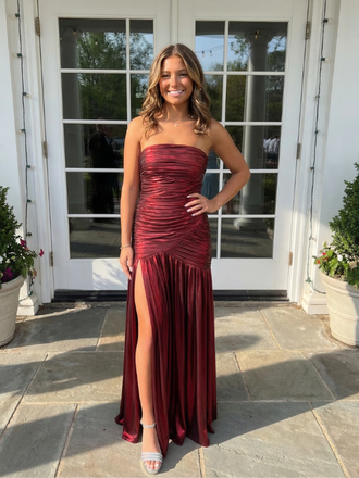 Burgundy Metallic Strapless Ruched Mermaid Side Slit Prom Dress, 26017