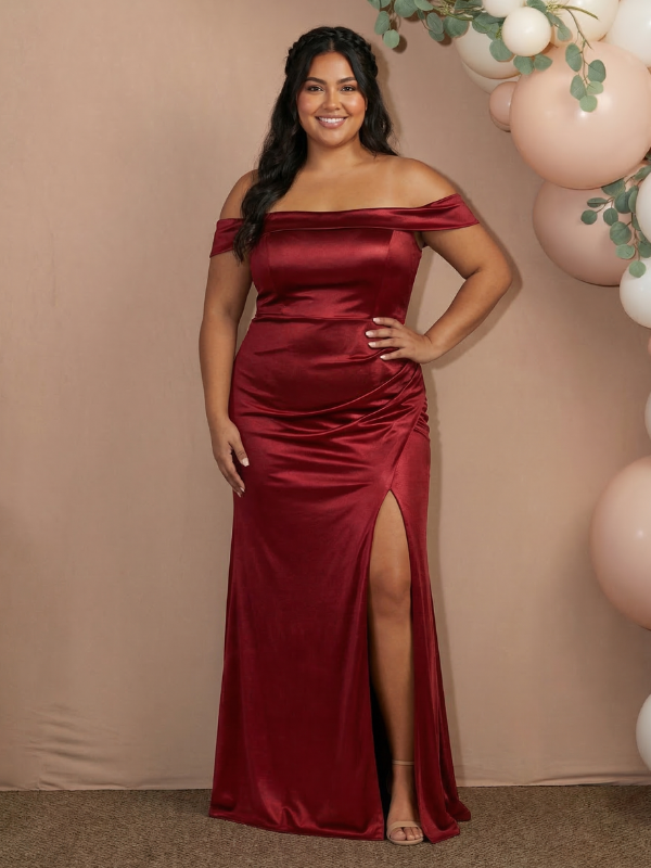 Burgundy Satin Off Shoulder Prom Dress | Formal Evening Gown SposaDresses Burgundy Satin Off Shoulder Prom Dress | Formal Evening Gown SposaDresses