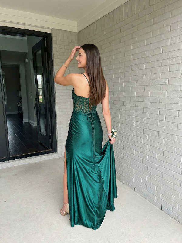 Emerald Green Sequin Satin Prom Dress Sheer Corset Slit Gown, 26013