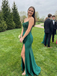 Emerald Green Sequin Satin Prom Dress Sheer Corset Slit Gown, 26013