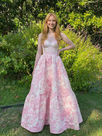 Floral Jacquard Strapless Sweetheart Sheer Corset A Line Prom Dress, 26020