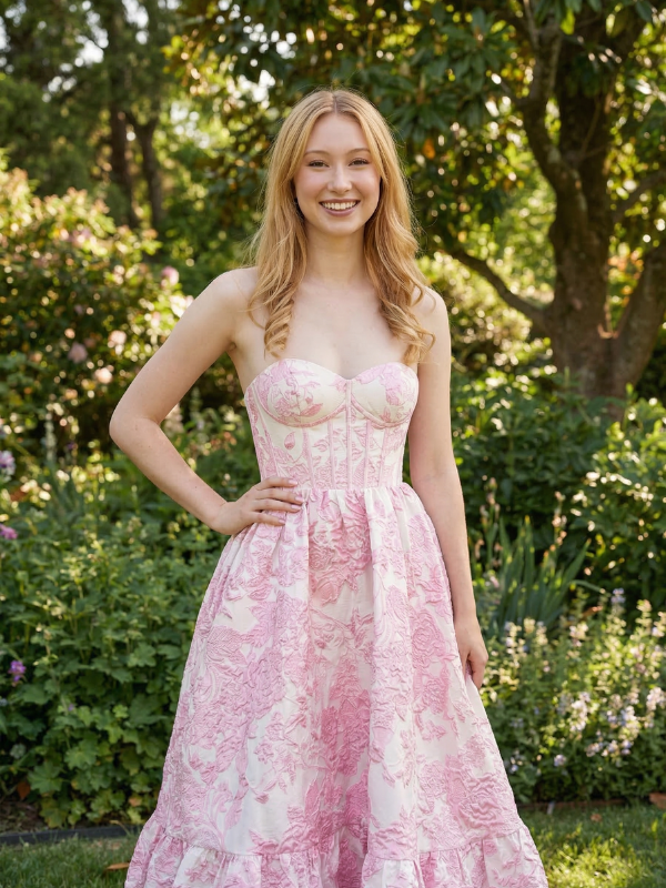 Floral Jacquard Strapless Sweetheart Sheer Corset A Line Prom Dress, 26020
