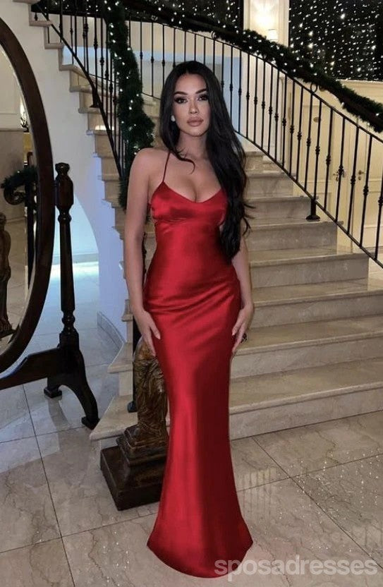 sexy red silk dress satin dress long red Spaghetti Long Sheath Red High Side Slit Prom Dresses, Sexy Evening Dr ClaireBridal