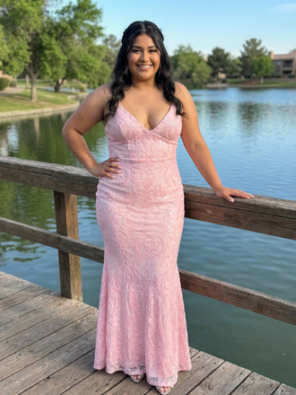 Light Pink Sequin Lace Floral V Neck Mermaid Prom Dress, 26016