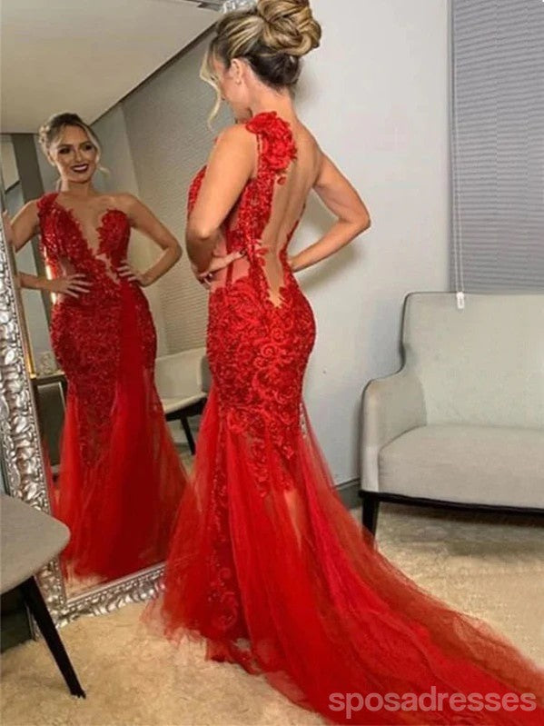 Sexy Red Mermaid One Shoulder Maxi Long Party Prom Dresses, Evening Dresses,13314