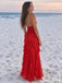 Red Chiffon V Neck Cascading Ruffle Low Back Long Prom Dress PD26040