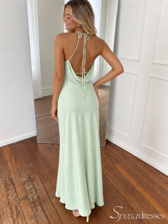 Mint Green Satin Halter Cowl Neck Backless Long Prom Dress PD26041