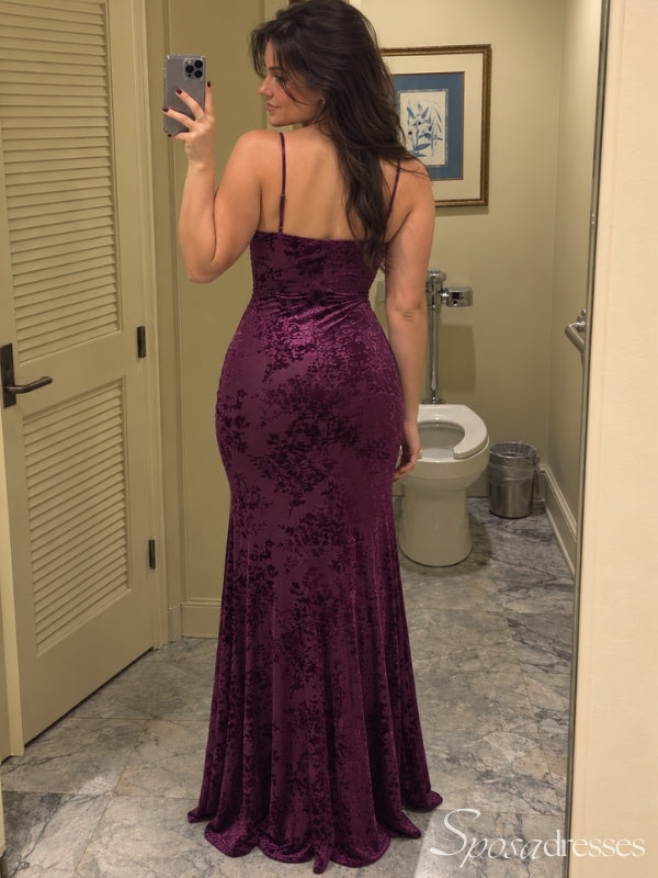 Plum Velvet Cowl Neck High Slit Long Prom Dress PD26043