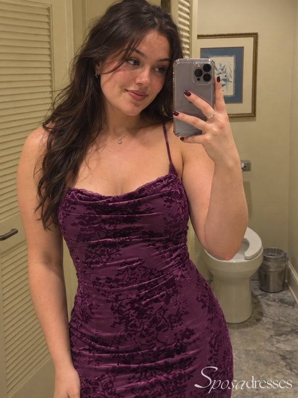 Plum Velvet Cowl Neck High Slit Long Prom Dress PD26043