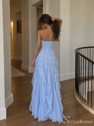 Light Blue Strapless Ruffle Prom Dress with Floral Detail PD26052