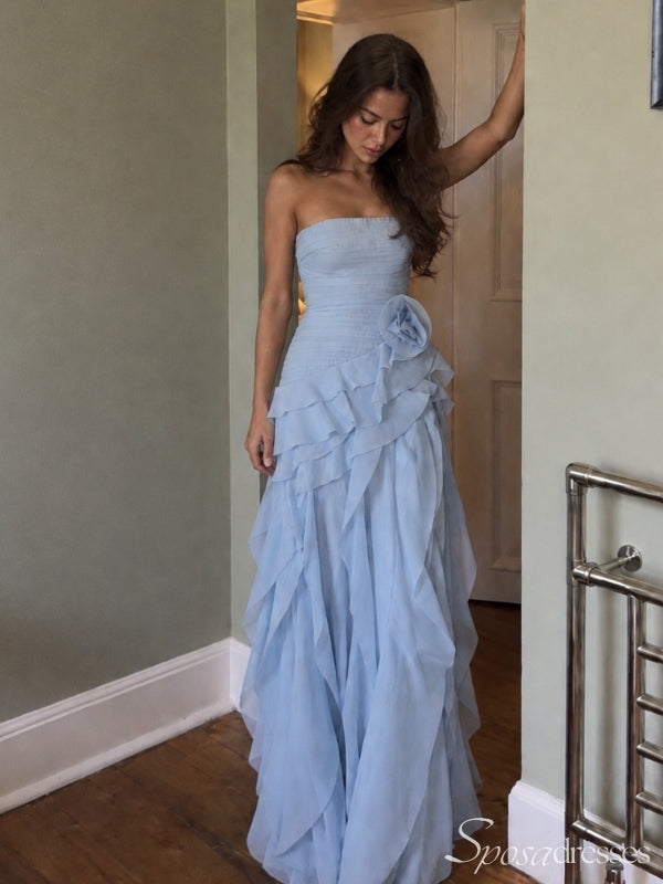Light Blue Strapless Ruffle Prom Dress with Floral Detail PD26052