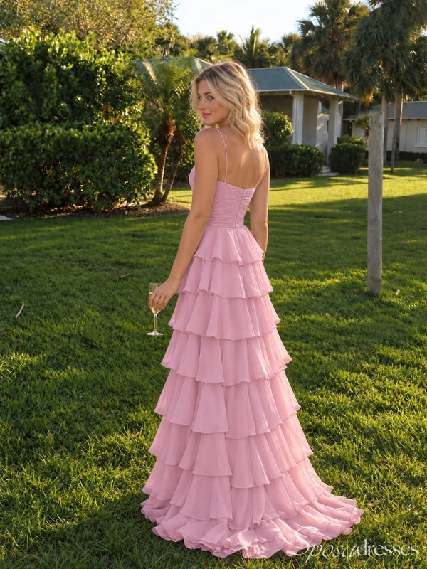Blush Pink Tiered Ruffle Prom Dress with Floral Detail PD26056