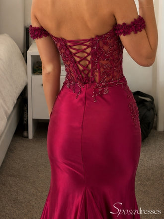 Maroon Off-Shoulder Beaded Mermaid Prom Dress with Lace-Up Back PD26057