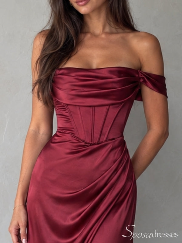 Burgundy Off-Shoulder Corset Prom Dress with High Slit PD26061