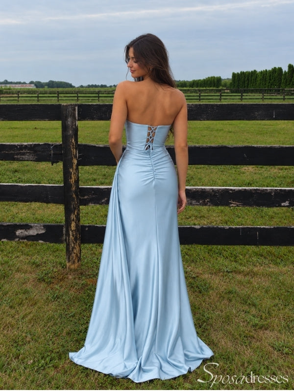 Light Blue Strapless Ruched Prom Dress with Lace-Up Back PD26062
