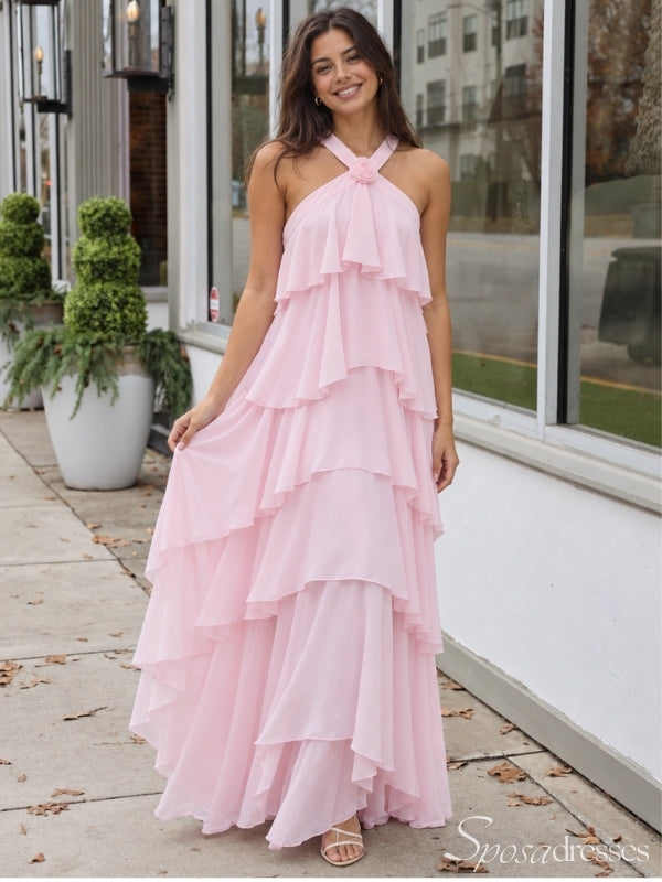 Pink Halter Tiered Ruffle Prom Dress with Low Back PD26063