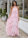 Pink Halter Tiered Ruffle Prom Dress with Low Back PD26063