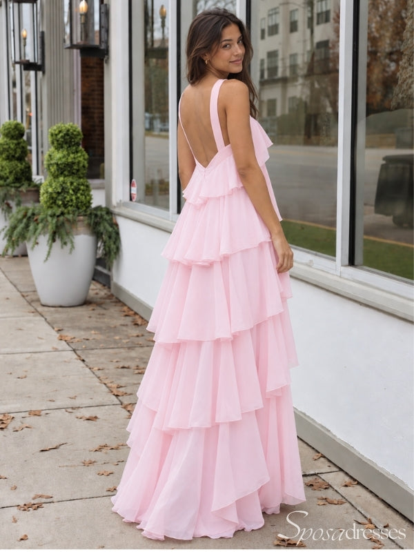 Pink Halter Tiered Ruffle Prom Dress with Low Back PD26063