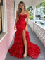 Red Sequin Ruffle High Slit Strapless Mermaid Long Prom Dress PD26064