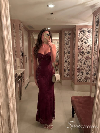 Burgundy Sweetheart Spaghetti Strap Sparkly Lace Long Prom Dress PD26069