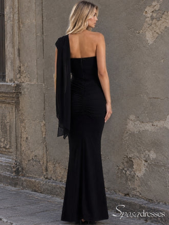 Black One-Shoulder Sweetheart Ruched Long Prom Dress with Drape PD26070