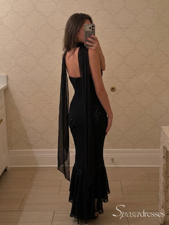 Black Strapless Sparkly Fitted Prom Dress with Asymmetric Ruffle Hem PD26072