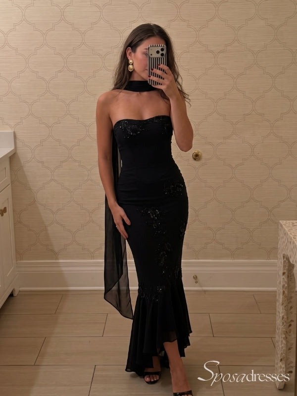 Black Strapless Sparkly Fitted Prom Dress with Asymmetric Ruffle Hem PD26072