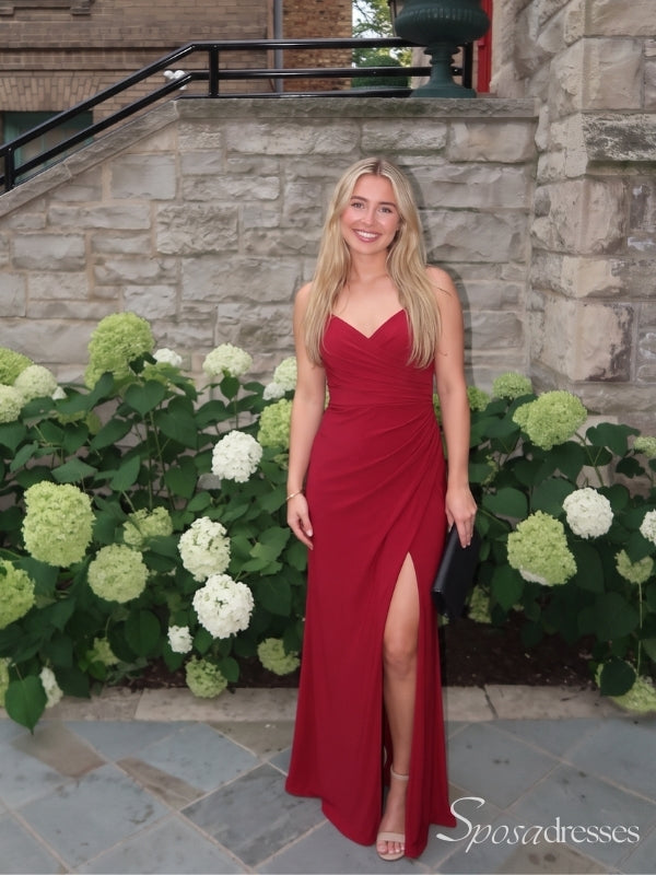 Red V-Neck Spaghetti Strap Twist Cutout Back Long Prom Dress with Slit PD26073